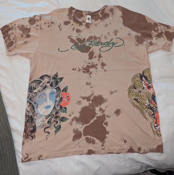 Ed Hardy Other - Ed Hardy Brown Tie-Dye T-Shirt with Artistic Graphics